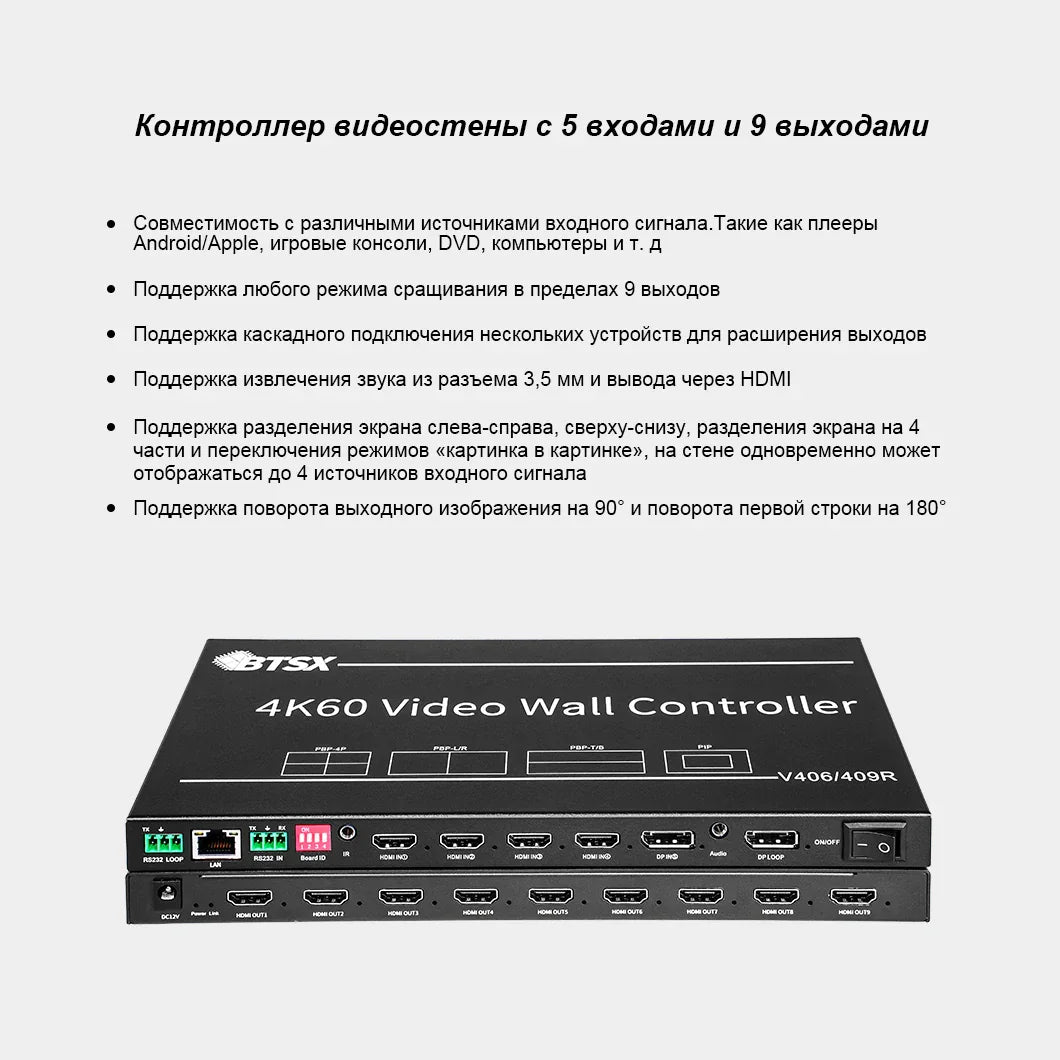 BIT-VWC-406R/409R 4K60 Video Wall Controller: 5 Inputs, 9 Outputs