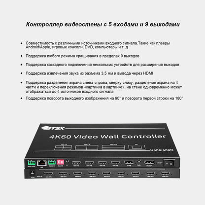 BIT-VWC-406R/409R 4K60 Video Wall Controller: 5 Inputs, 9 Outputs