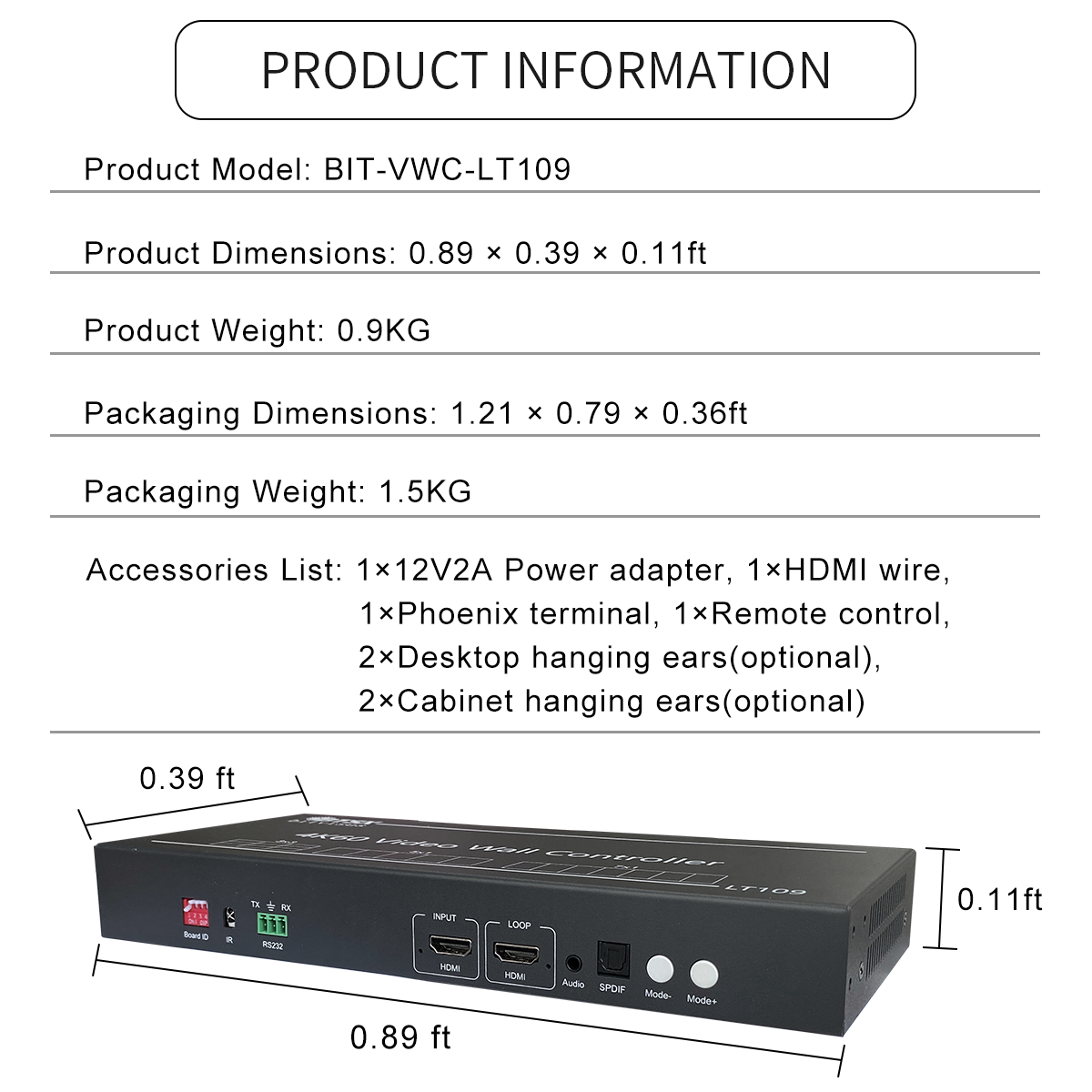 BIT-VWC-LT109 4K60 видеопроцессор для видеостены, 1 вход HDMI 4K60, 9 выходов 2K60