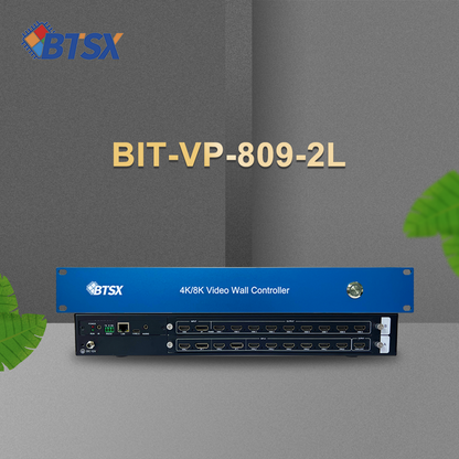 Вид спереди и сзади процессора BIT-VP-809-2L 4K60: входы HDMI/DP и выходы HDMI