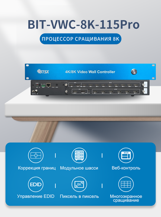 BIT-VWC-8K-115ProВидеопроцессор HDMI и DP для видеостен 8K, 1 вход, 15 выходов