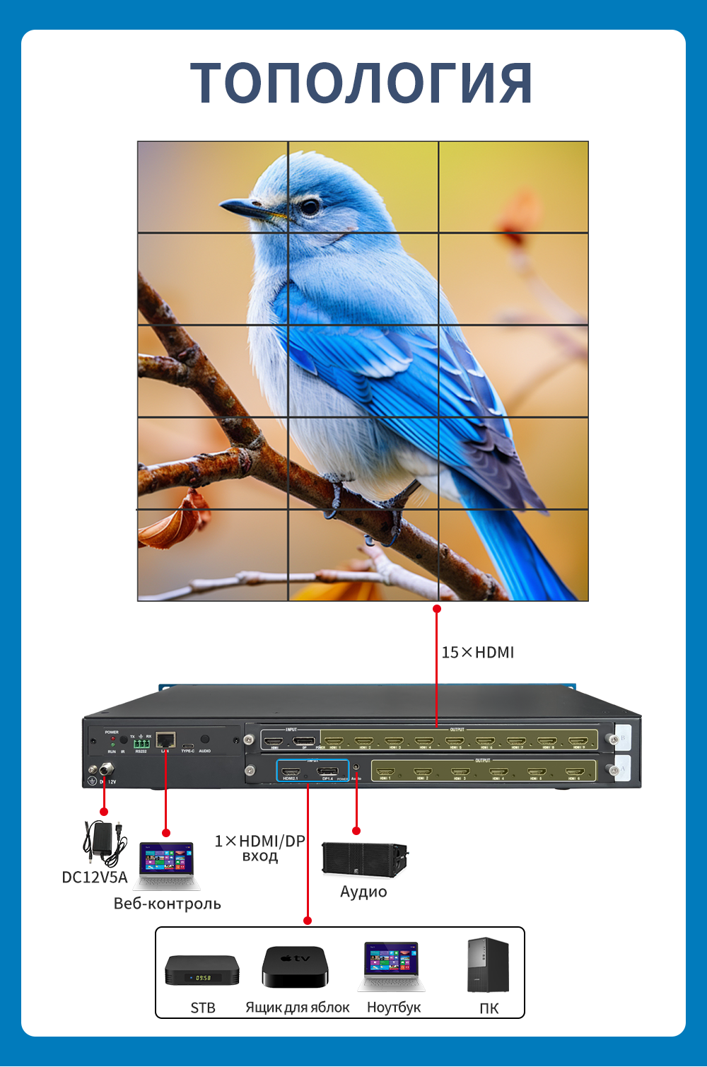 BIT-VWC-8K-115ProВидеопроцессор HDMI и DP для видеостен 8K, 1 вход, 15 выходов